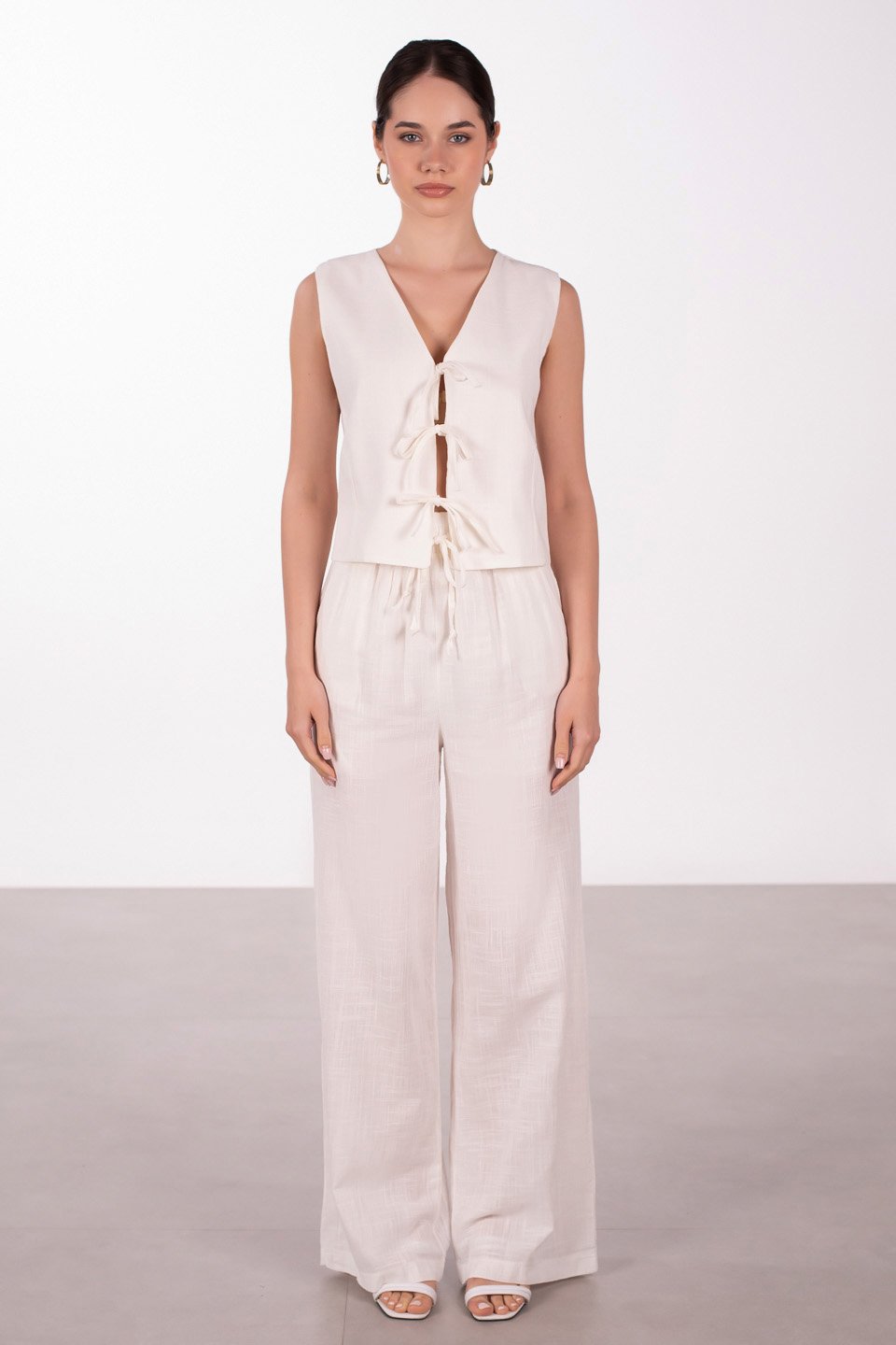 Önü bağlamalı keten yelek-3853 NATURAL Beyaz