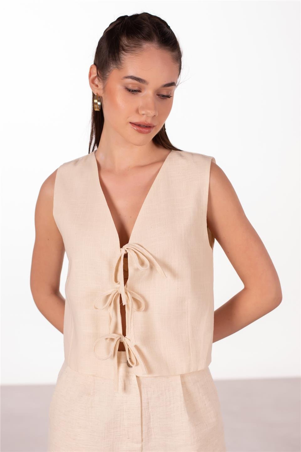 Önü bağlamalı keten yelek-3853 NATURAL Natural