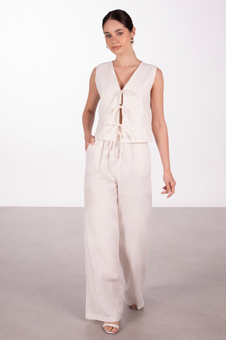 Önü bağlamalı keten yelek-3853 NATURAL Beyaz