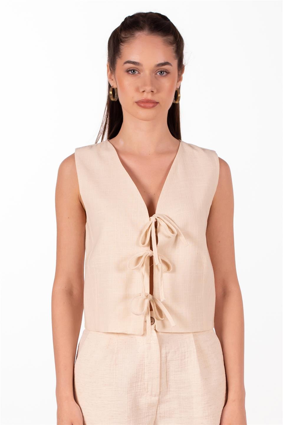 Önü bağlamalı keten yelek-3853 NATURAL Natural