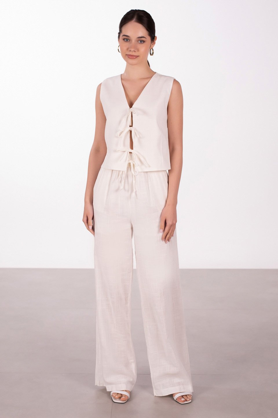 Önü bağlamalı keten yelek-3853 NATURAL Beyaz