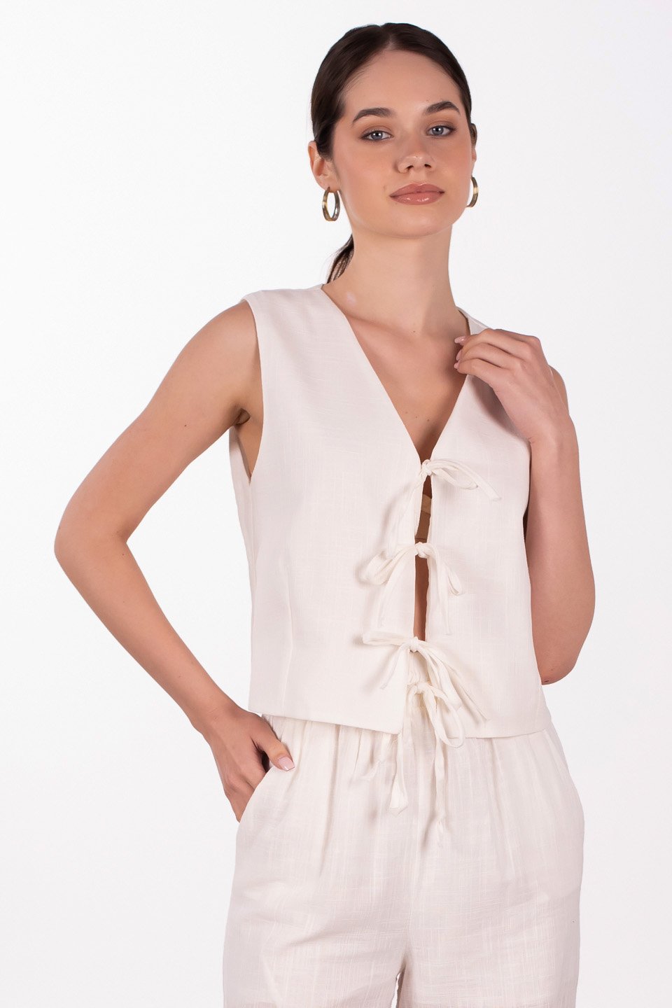 Önü bağlamalı keten yelek-3853 NATURAL Beyaz