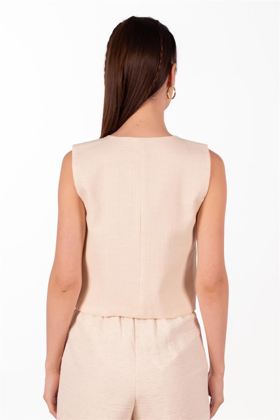 Önü bağlamalı keten yelek-3853 NATURAL Natural