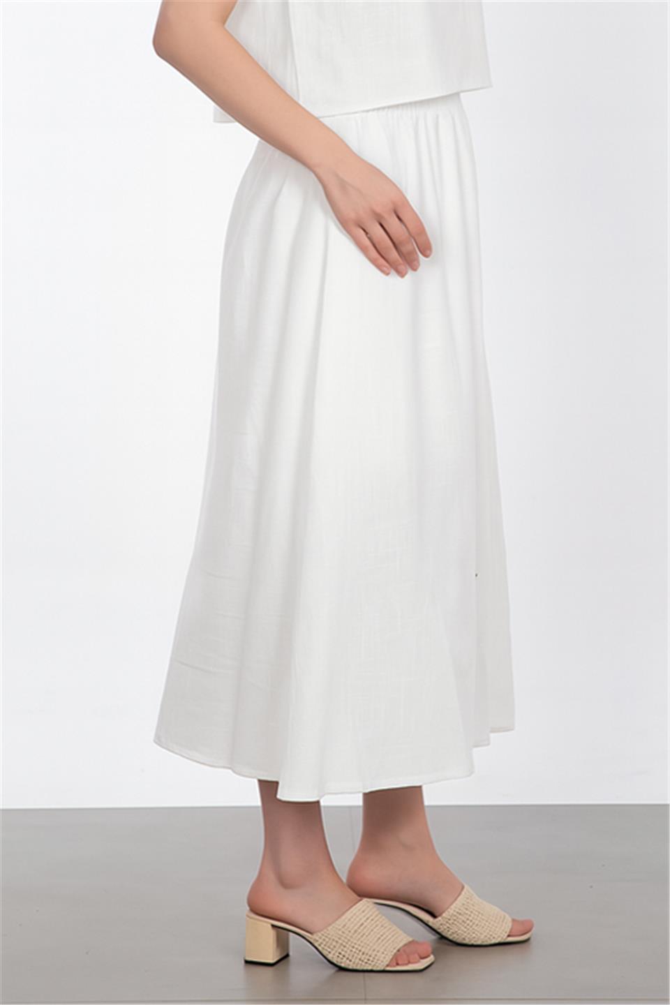 Önü düğmeli keten etek-3419 Beyaz