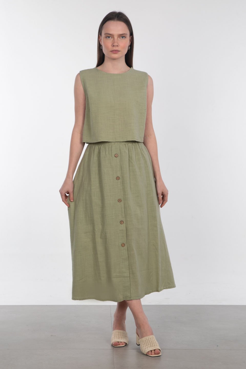 Önü düğmeli keten etek-3419 Olive