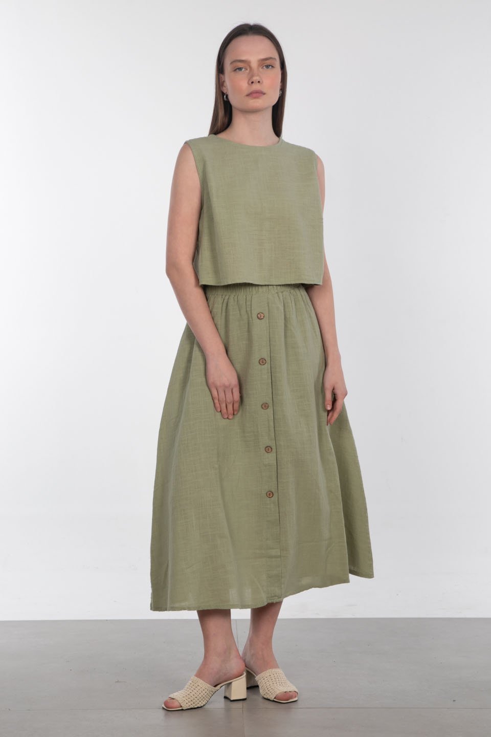 Önü düğmeli keten etek-3419 Olive