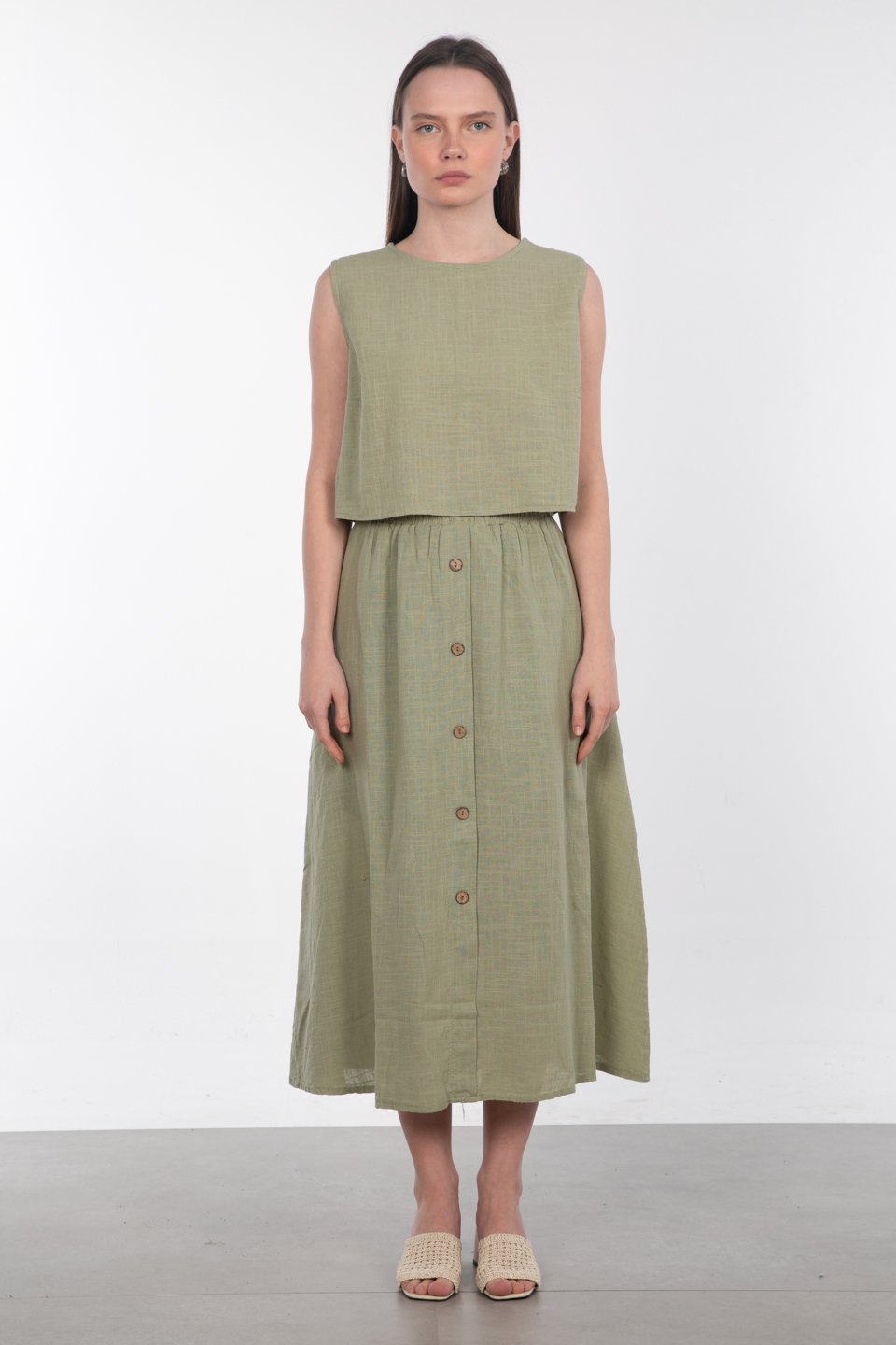 Önü düğmeli keten etek-3419 Olive