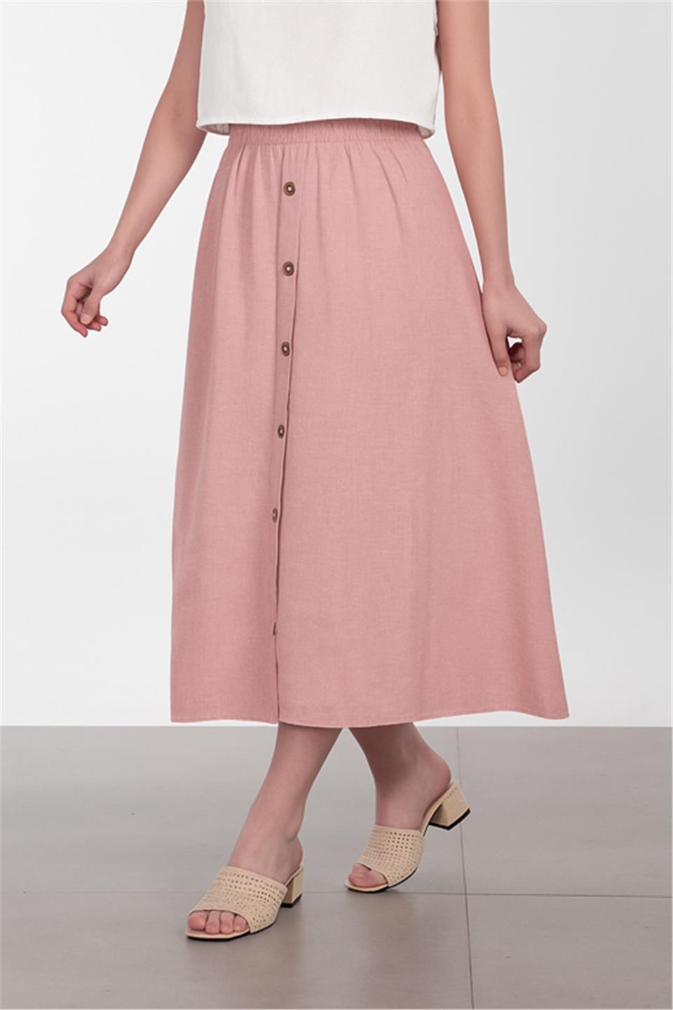 Önü düğmeli keten etek-3419 Pembe
