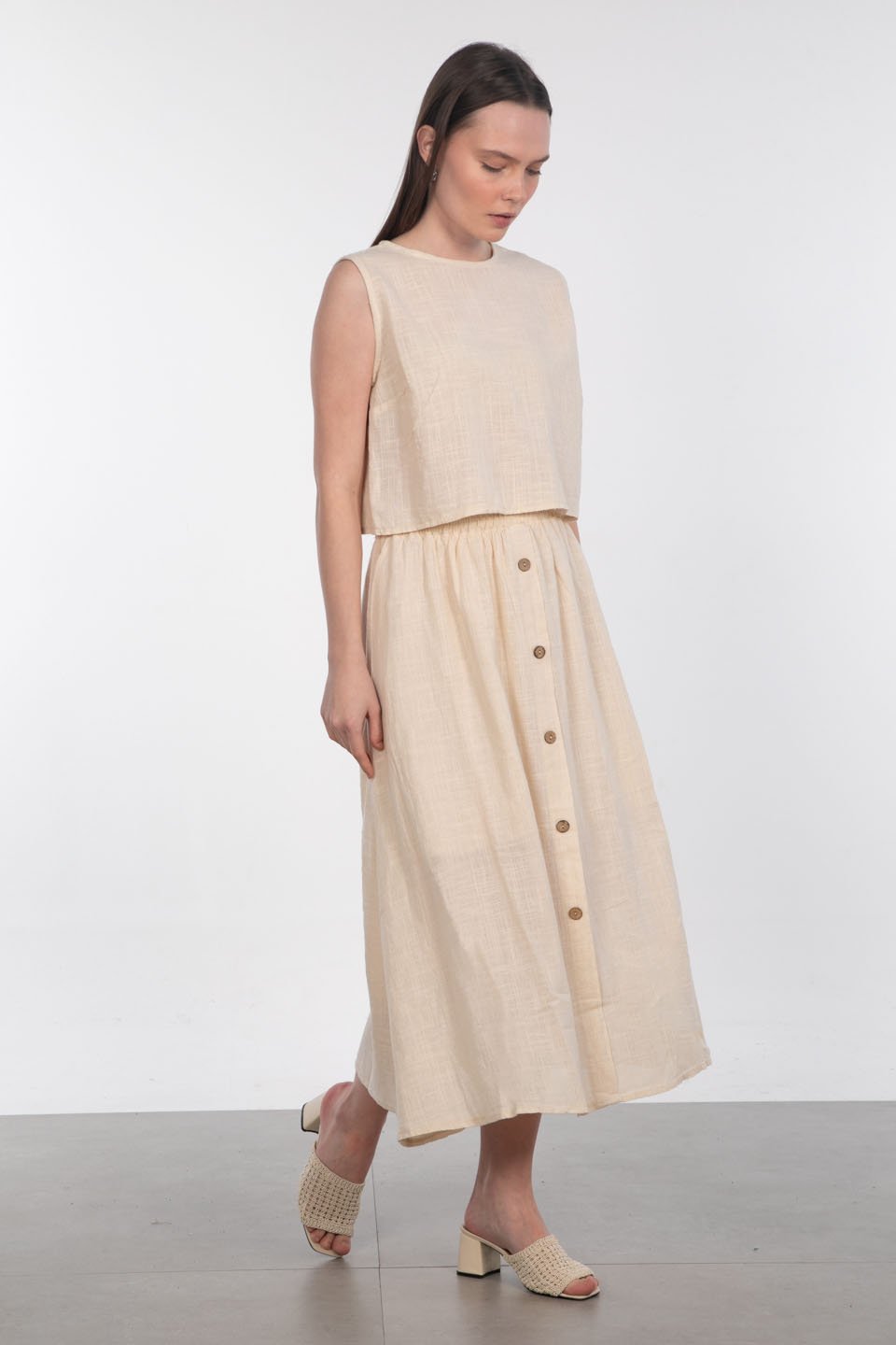 Önü düğmeli keten etek-3419 Taş