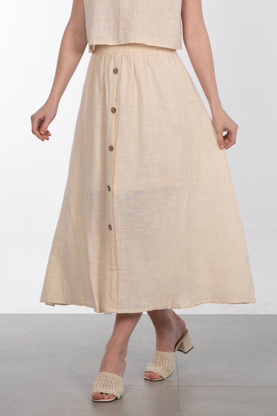 Önü düğmeli keten etek-3419 Taş