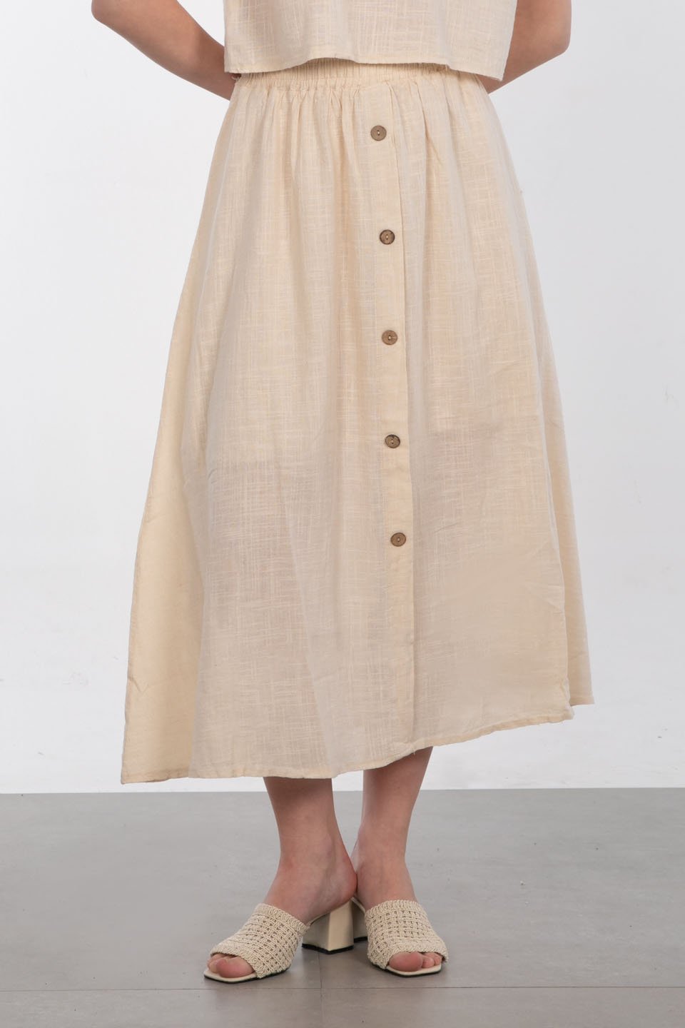 Önü düğmeli keten etek-3419 Taş