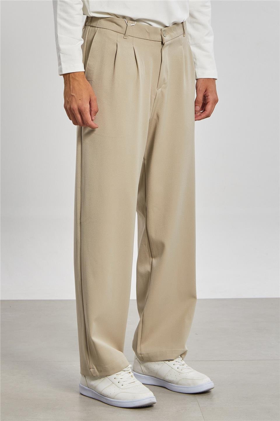 Önü Pile Detaylı Erkek Pantolon - Taş Rengi