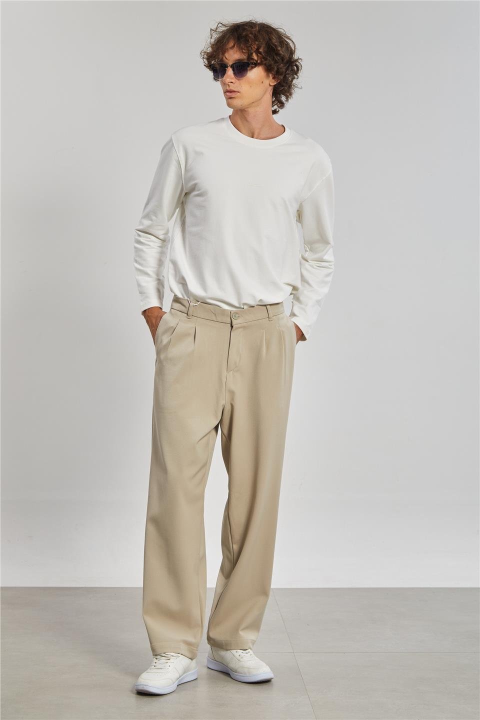 Önü Pile Detaylı Erkek Pantolon - Taş Rengi