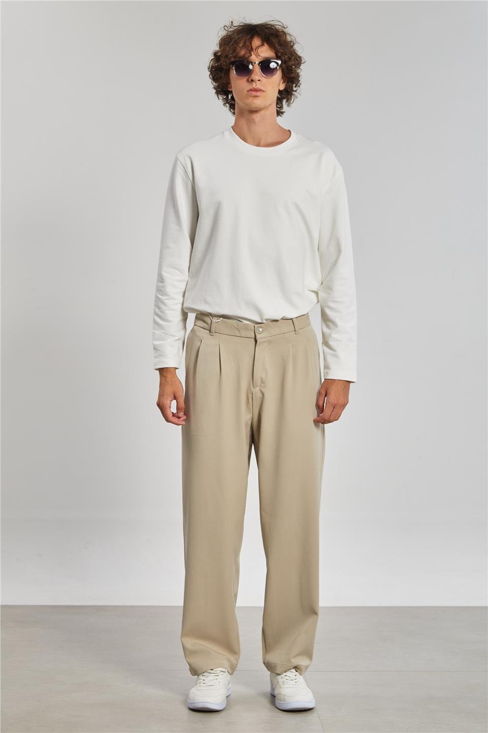 Önü Pile Detaylı Erkek Pantolon - Taş Rengi