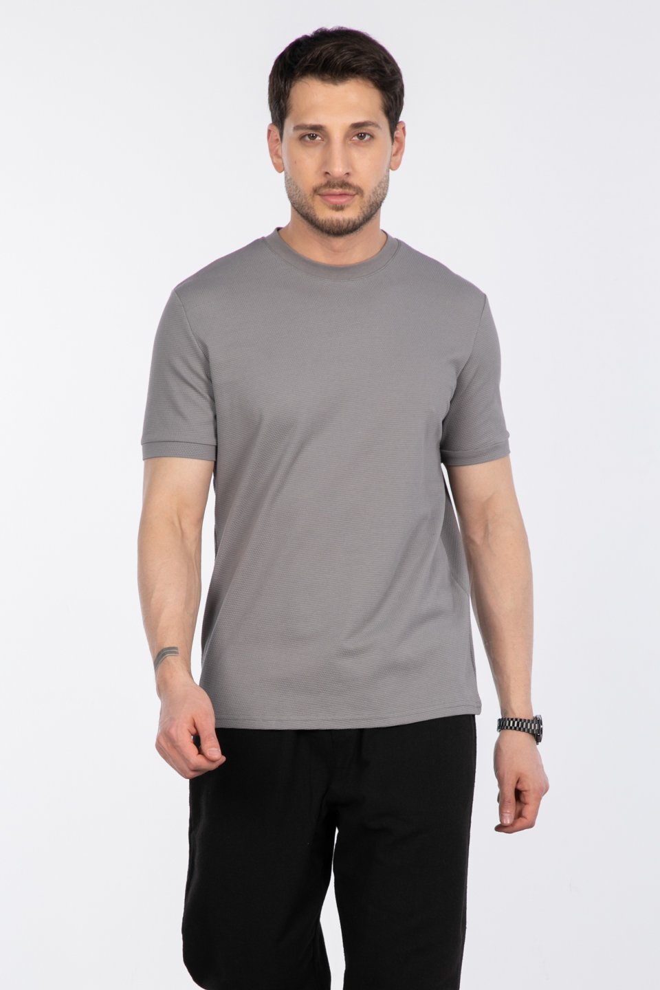 Petek desen regular fit t-shirt-2639 A.Gri