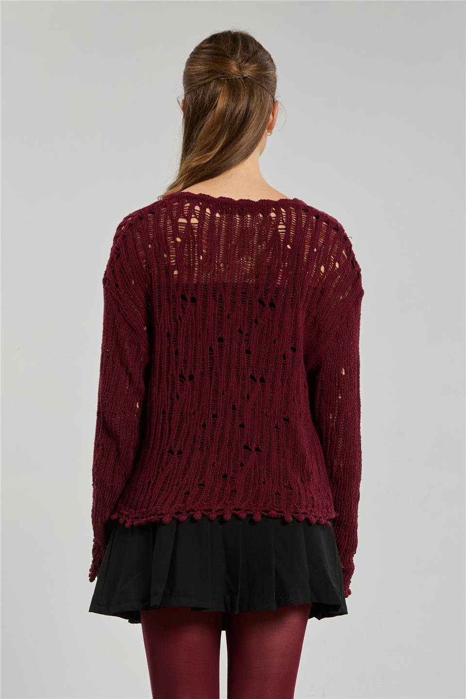 Ponponlu düğmeli ajurlu hırka-1836 Bordo