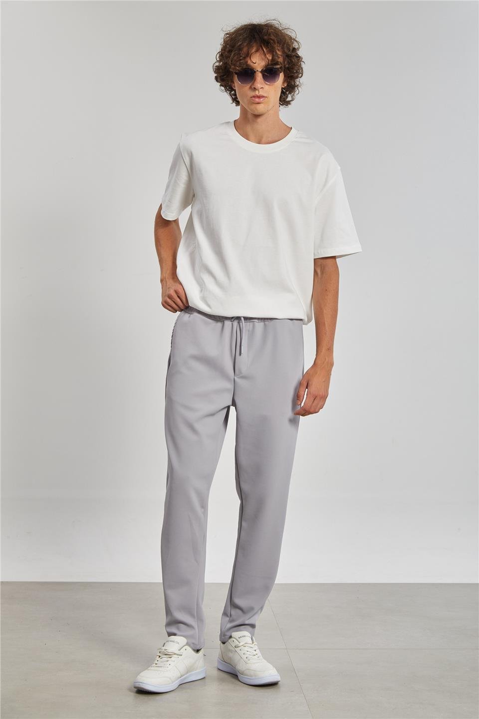 Regular Fit Beli Bağlamalı Erkek Pantolon - Açık Gri