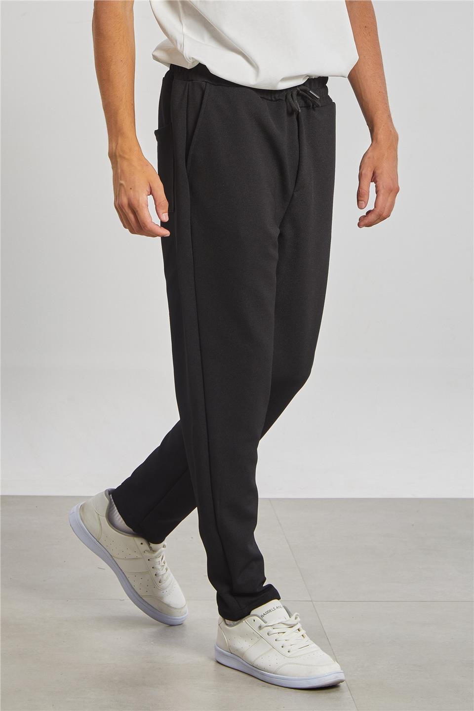 Regular Fit Beli Bağlamalı Erkek Pantolon - Siyah 