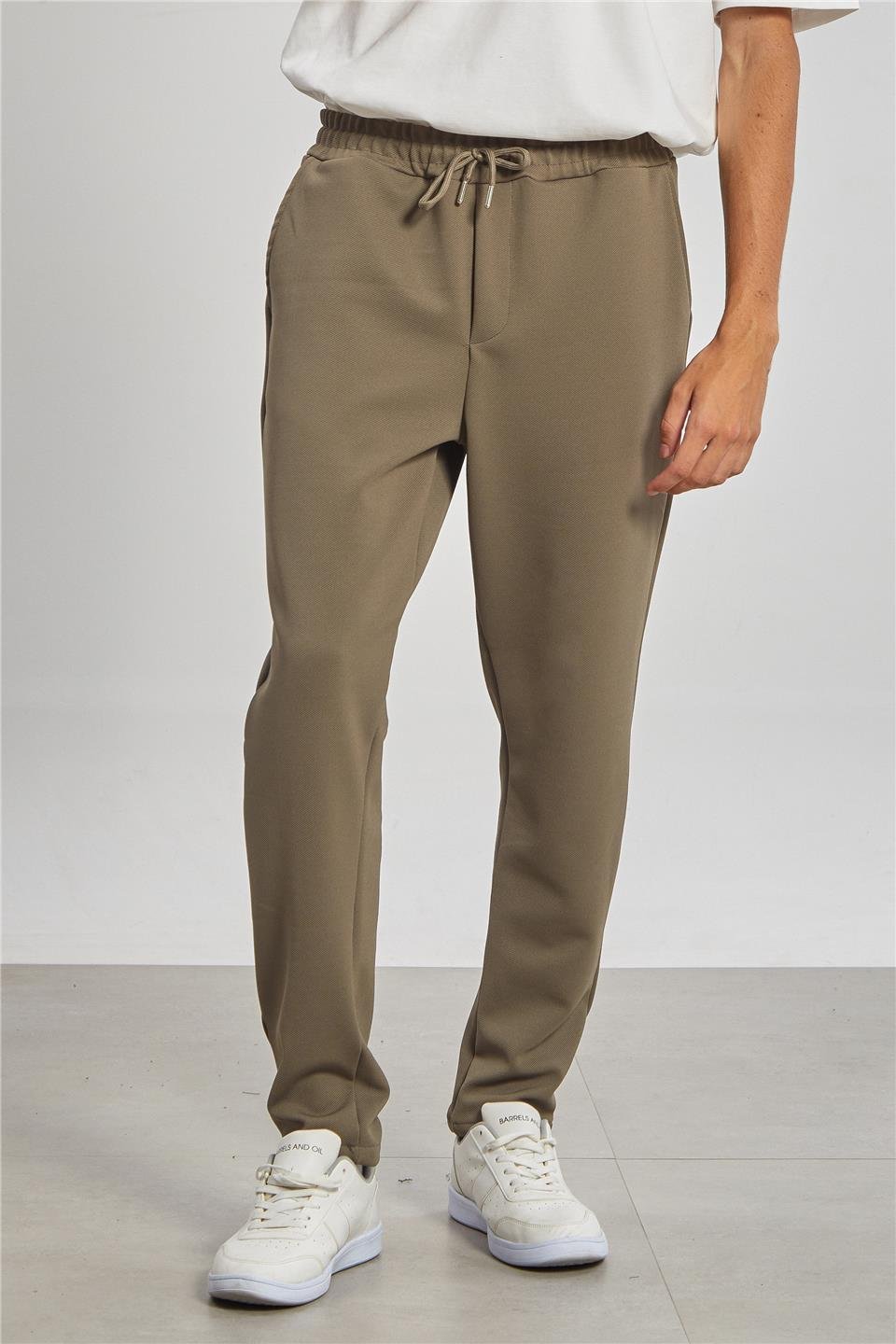 Regular Fit Beli Bağlamalı Erkek Pantolon - Açık Haki