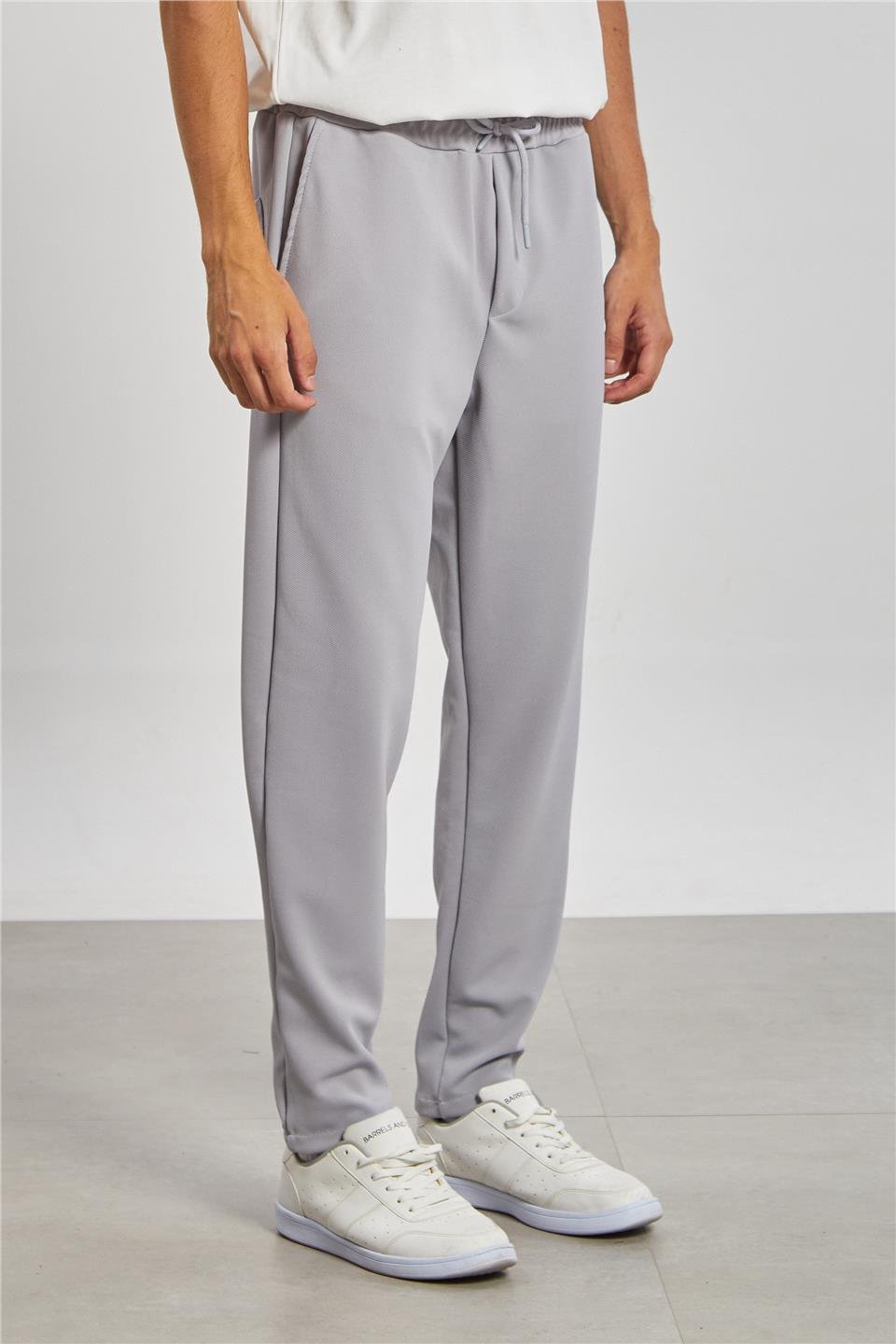 Regular Fit Beli Bağlamalı Erkek Pantolon - Açık Gri