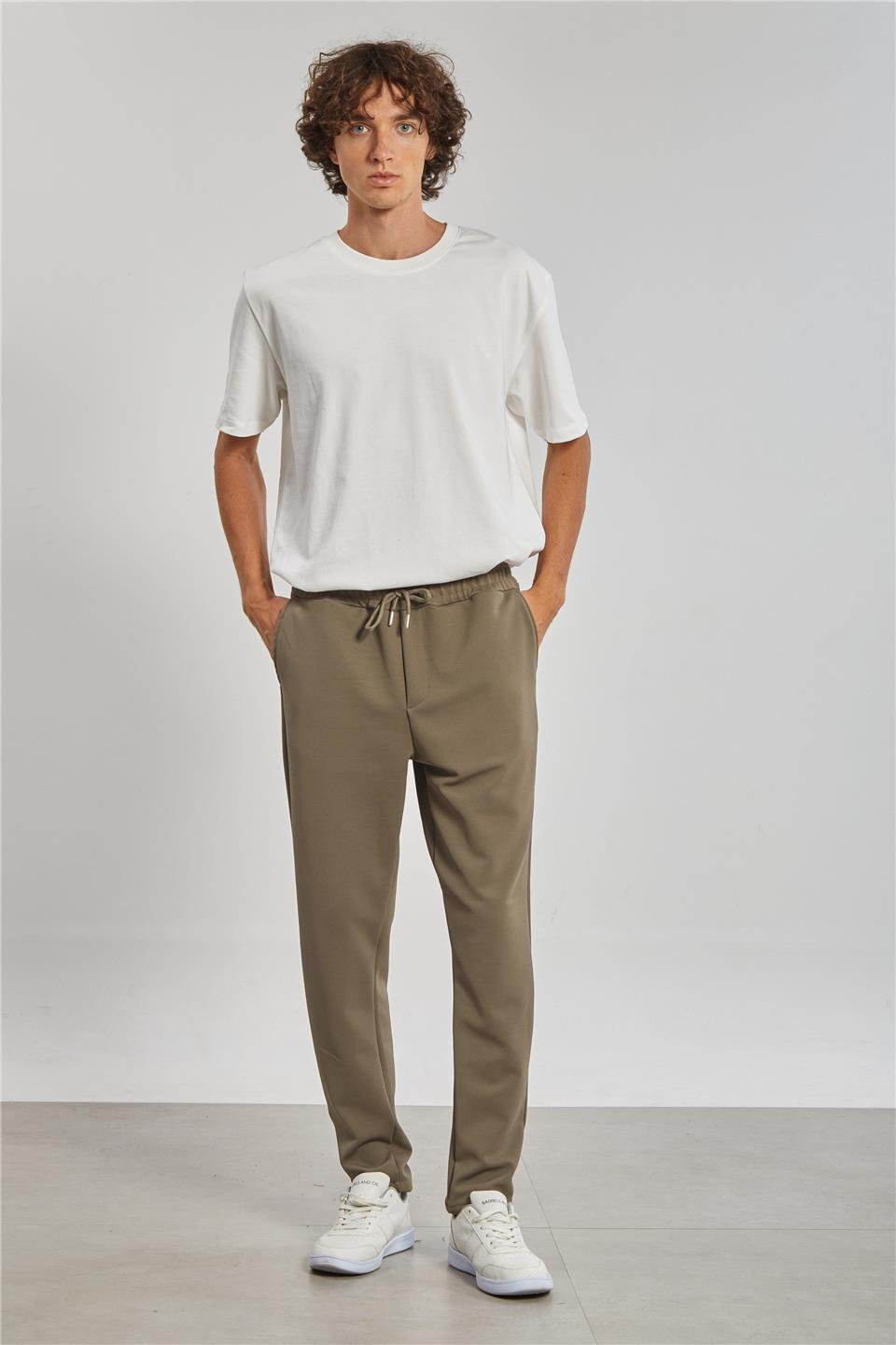 Regular Fit Beli Bağlamalı Erkek Pantolon - Açık Haki