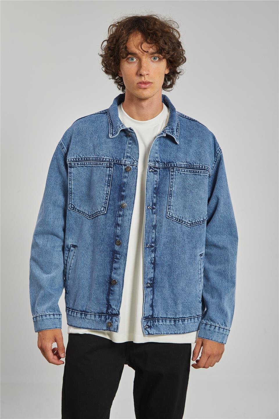 Regular Fit Denim Erkek Ceket-Mavi Kar Yıkama