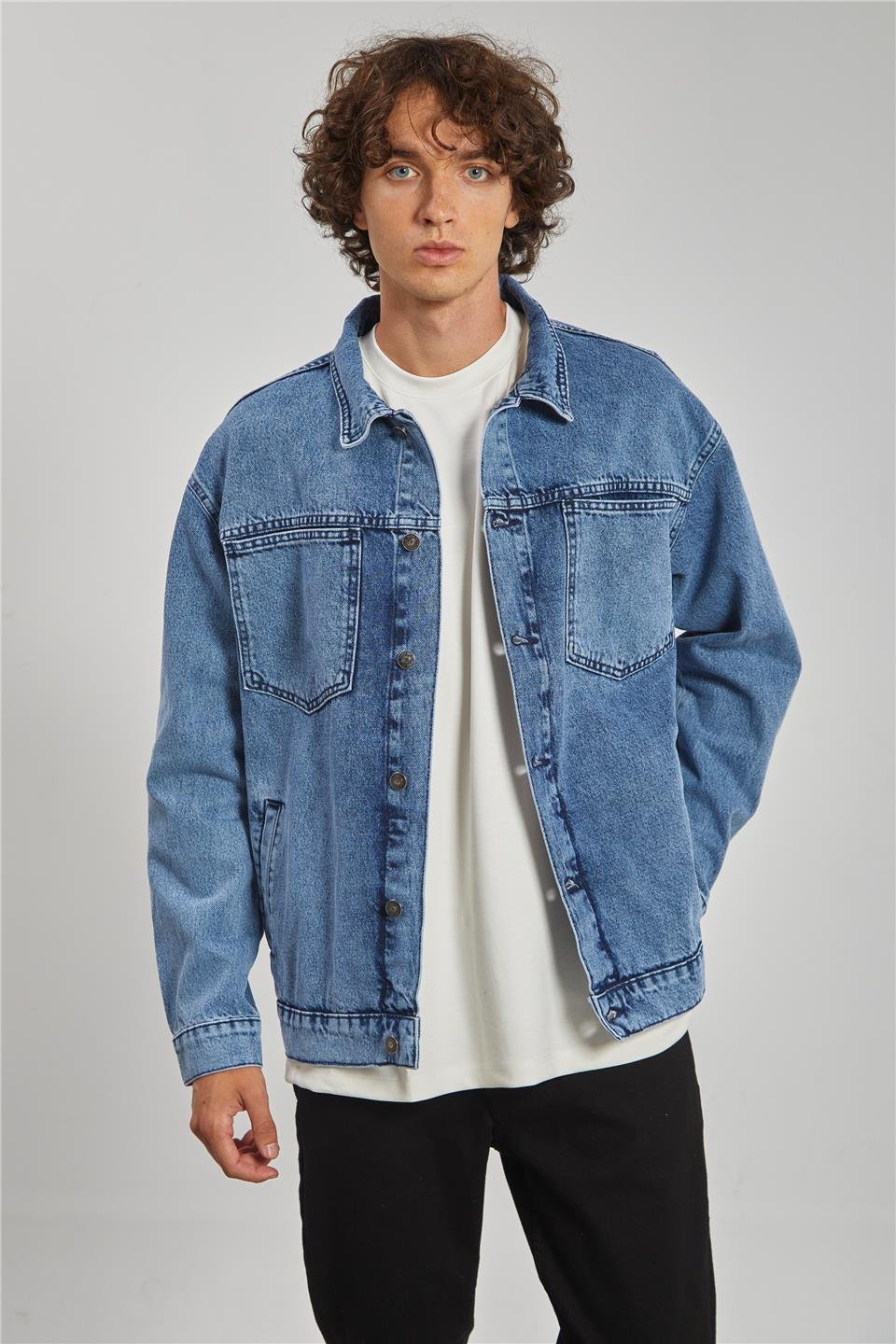 Regular Fit Denim Erkek Ceket-Mavi Kar Yıkama