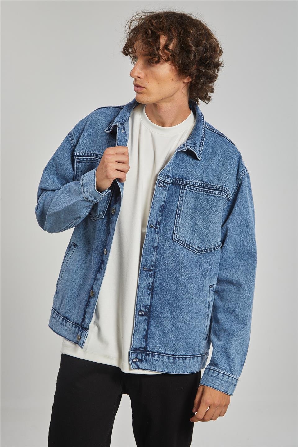 Regular Fit Denim Erkek Ceket-Mavi Kar Yıkama