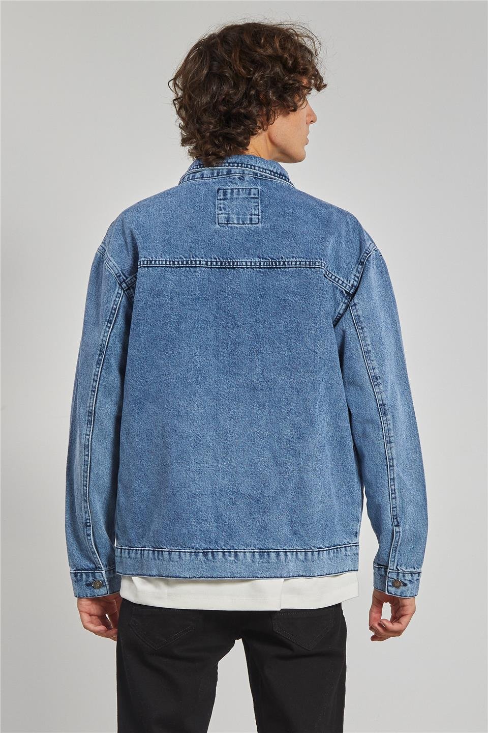 Regular Fit Denim Erkek Ceket-Mavi Kar Yıkama