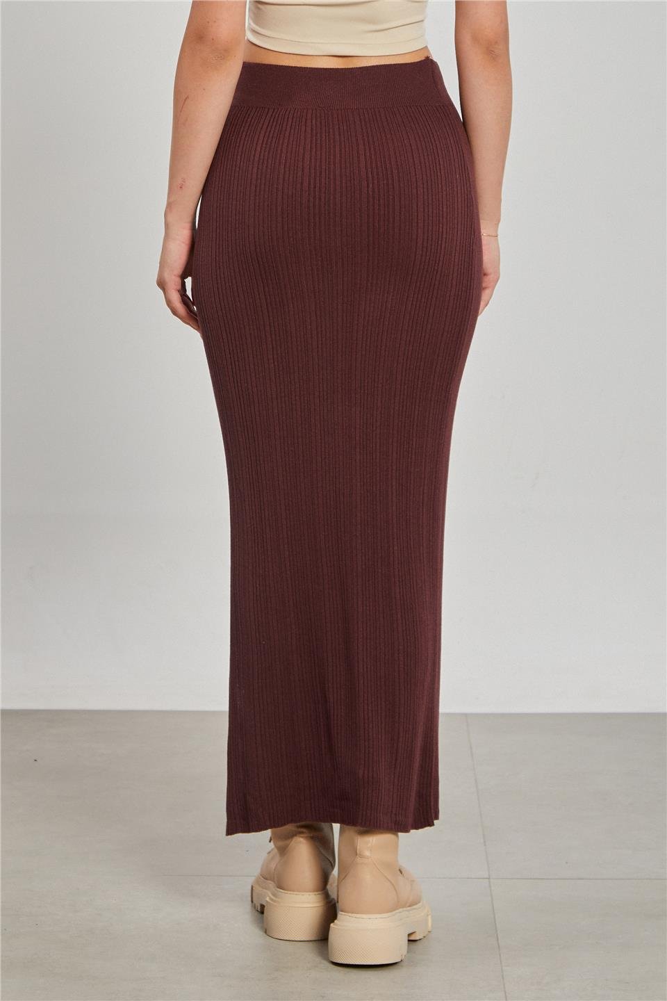 Triko yırtmaçlı etek-6641 Kahve