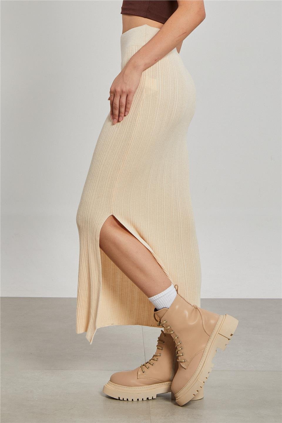 Triko yırtmaçlı etek-6641 Taş