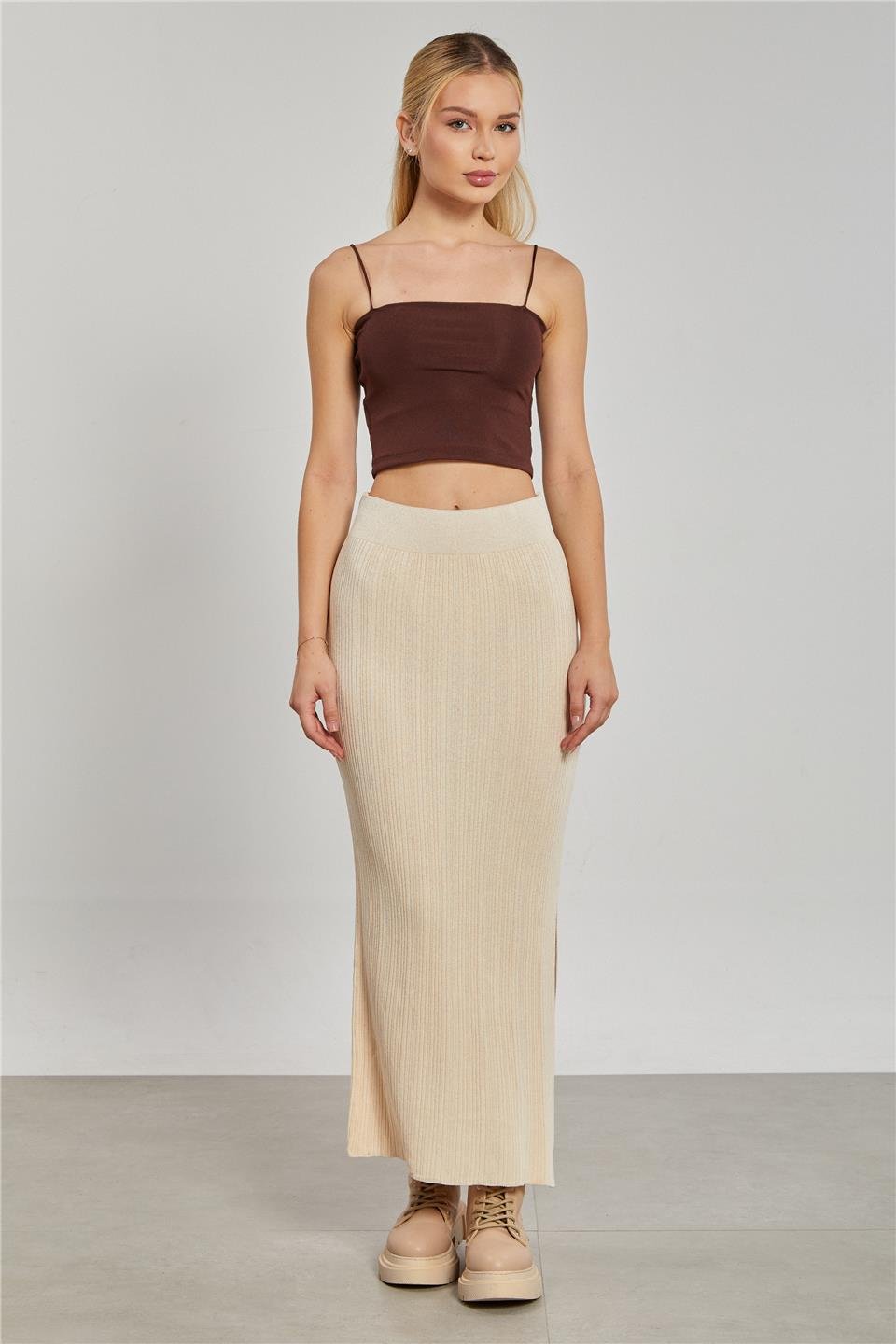 Triko yırtmaçlı etek-6641 Taş