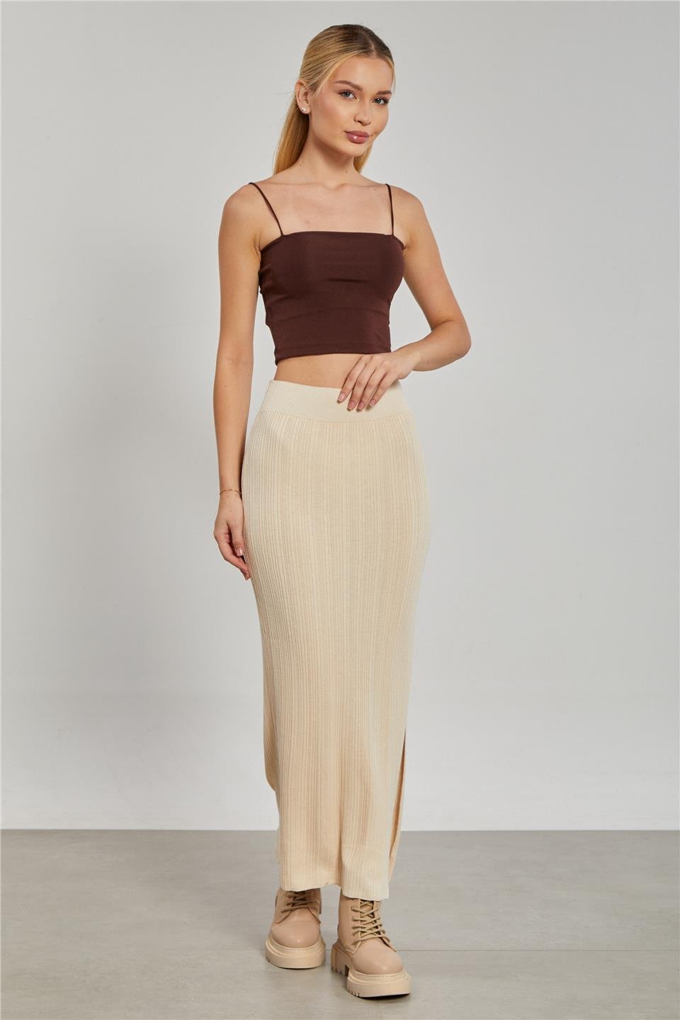 Triko yırtmaçlı etek-6641 Taş