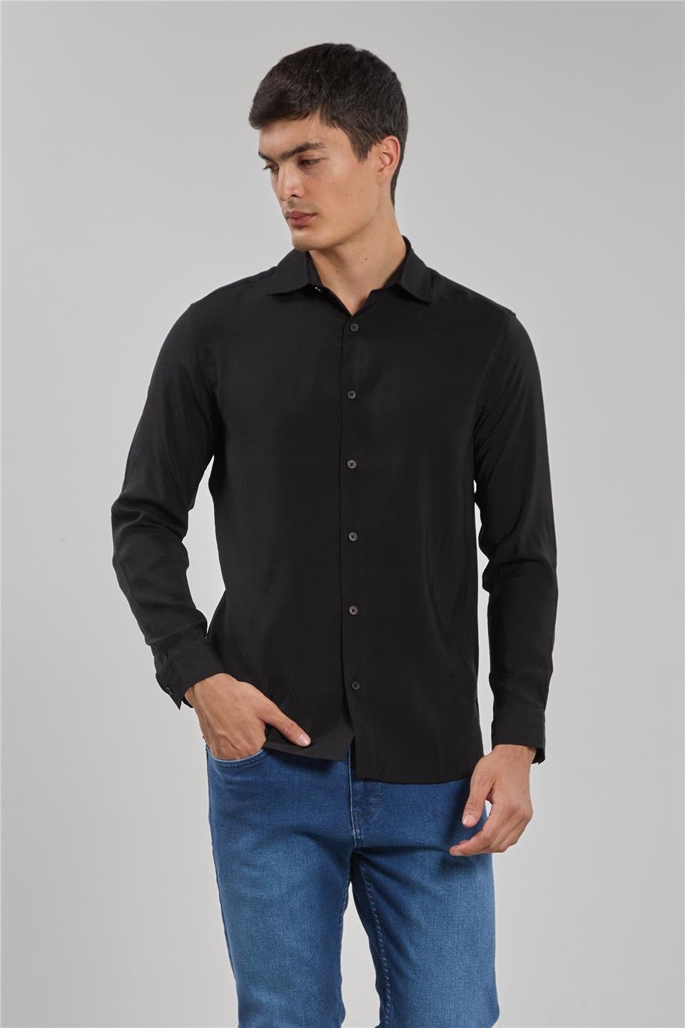 Uzun kol oversize modal gömlek-1184 Siyah