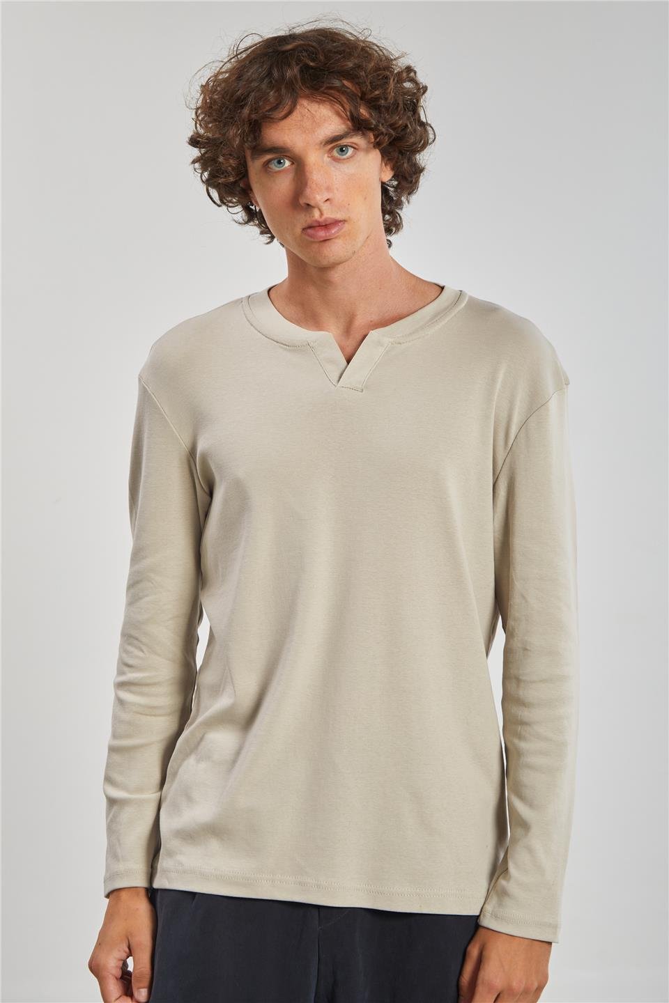 Uzun Kollu Erkek Sweat - Bej 