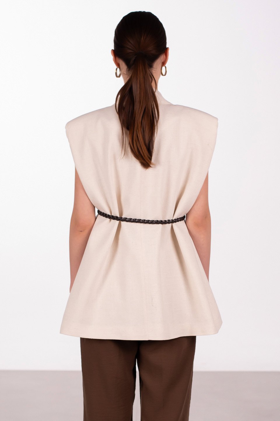 Vatkalı Kemerli Keten Yelek - Natural