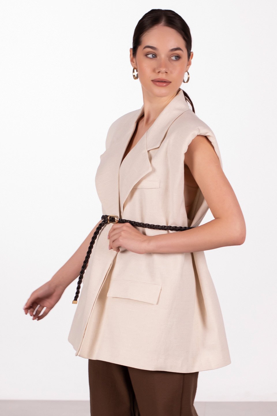 Vatkalı Kemerli Keten Yelek - Natural