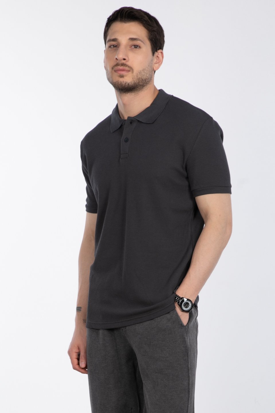 Waffle Polo Yaka T-Shirt - Antrasit