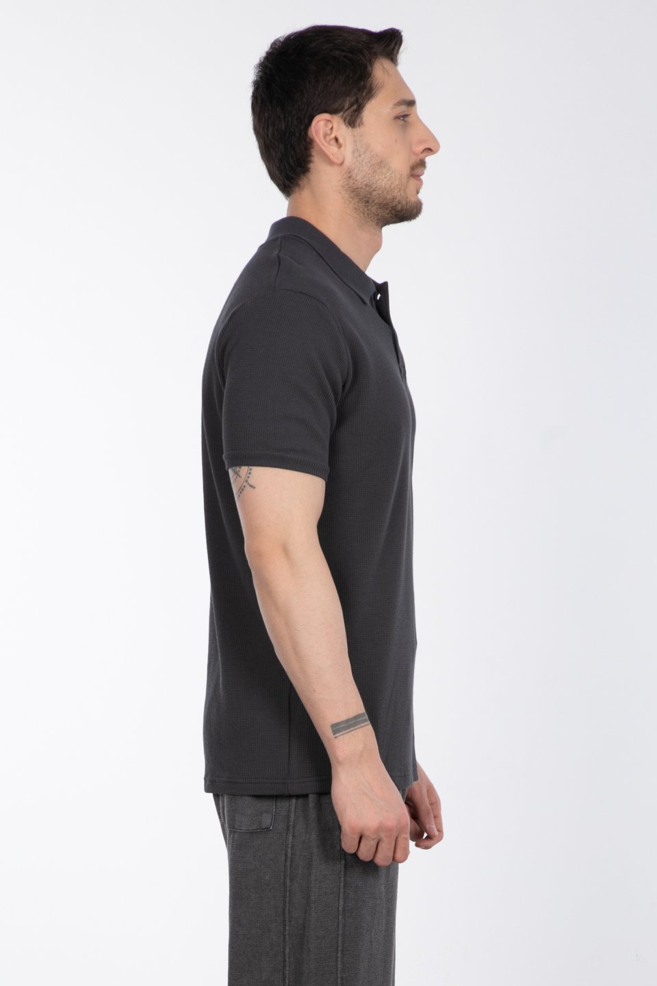 Waffle Polo Yaka T-Shirt - Antrasit