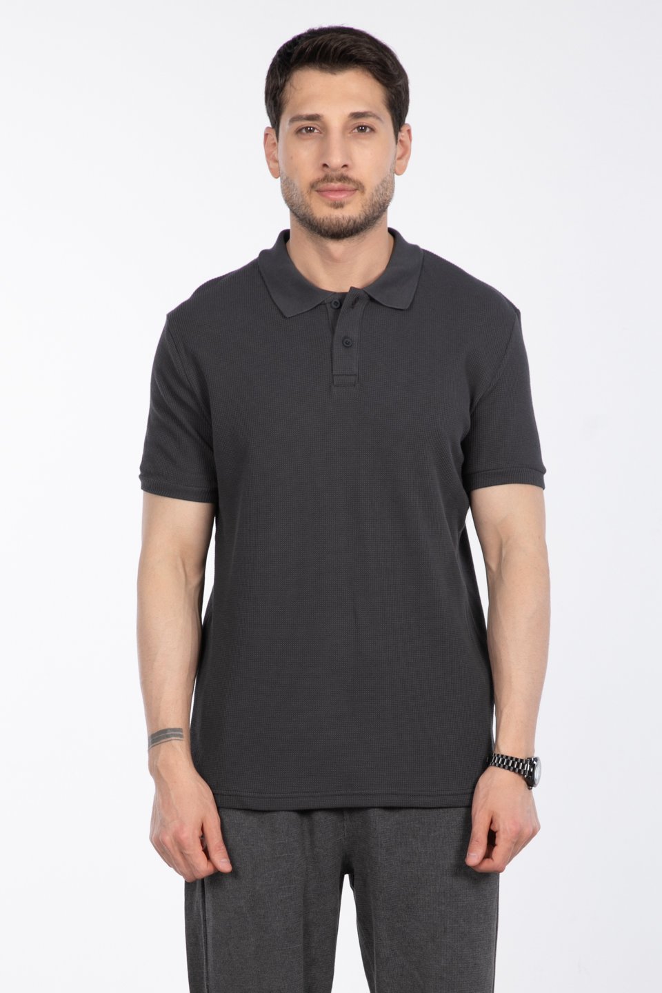 Waffle Polo Yaka T-Shirt - Antrasit