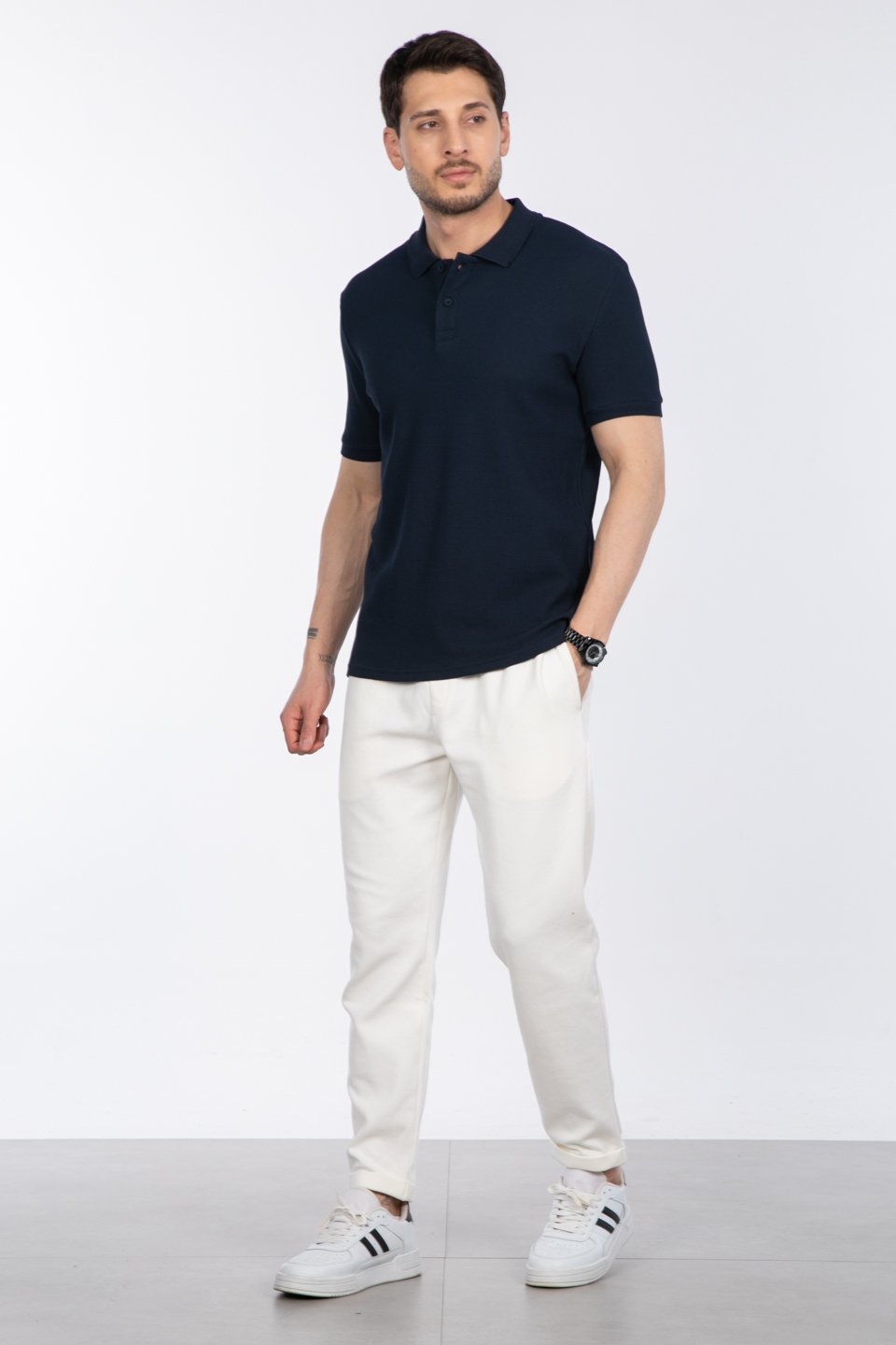 Waffle Polo Yaka T-Shirt - İndigo