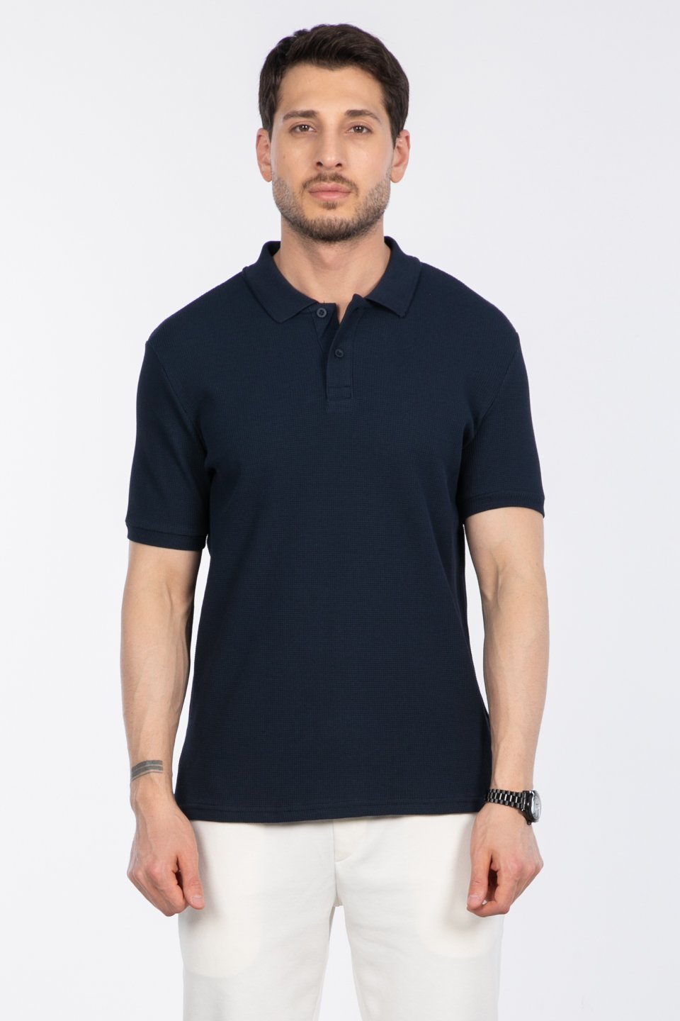 Waffle Polo Yaka T-Shirt - İndigo