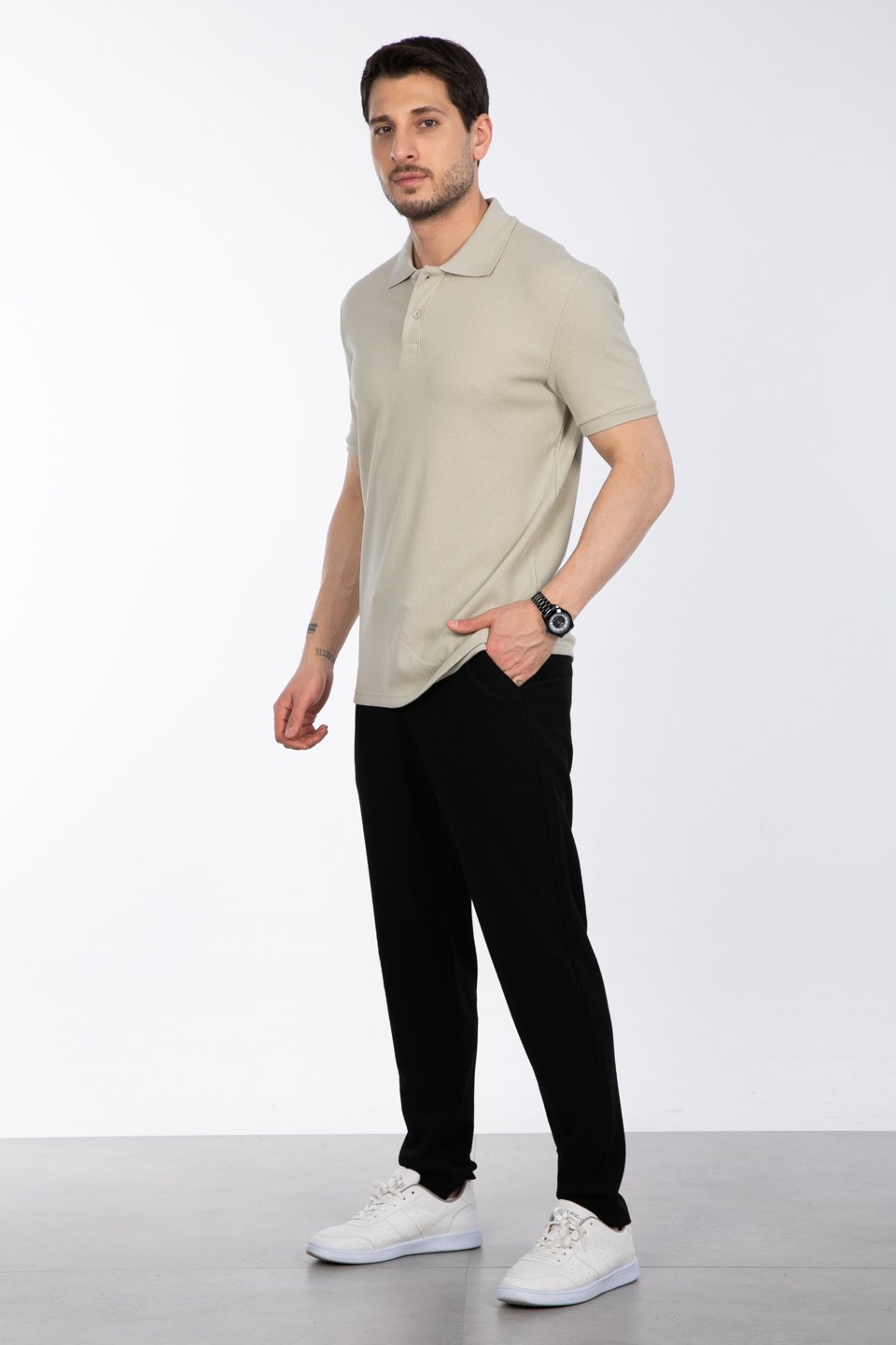 Waffle Polo Yaka T-Shirt - Taş