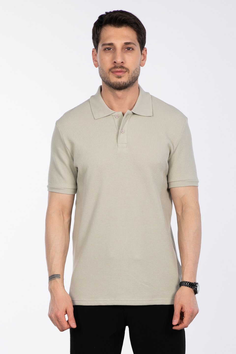 Waffle Polo Yaka T-Shirt - Taş