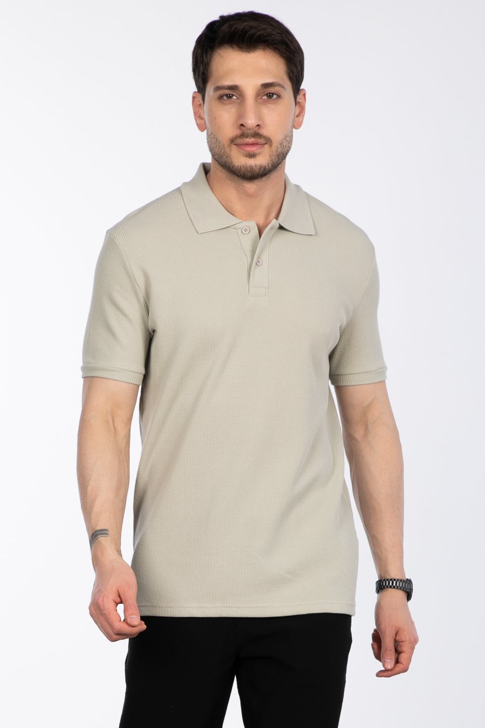 Waffle Polo Yaka T-Shirt - Taş