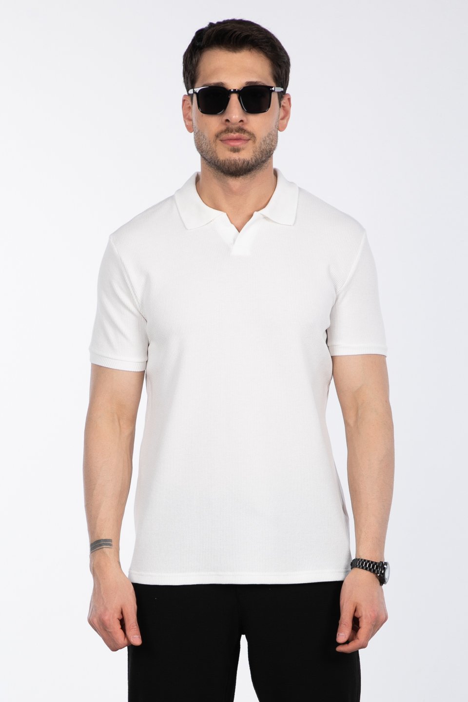 Waffle yakalı t-shirt-2645 Ekru