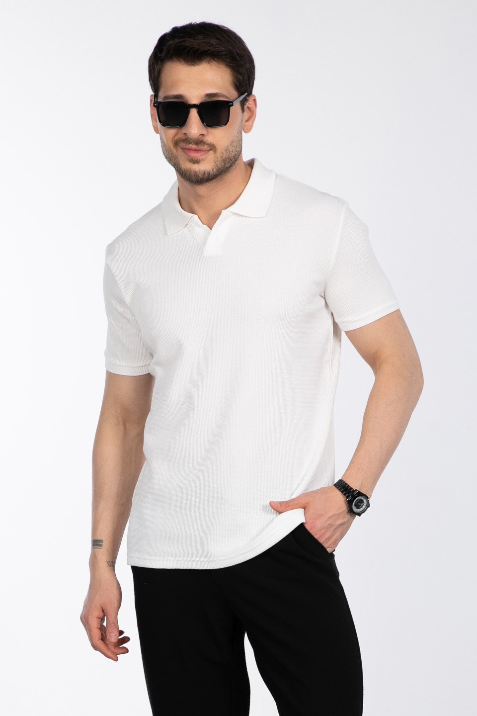 Waffle yakalı t-shirt-2645 Ekru