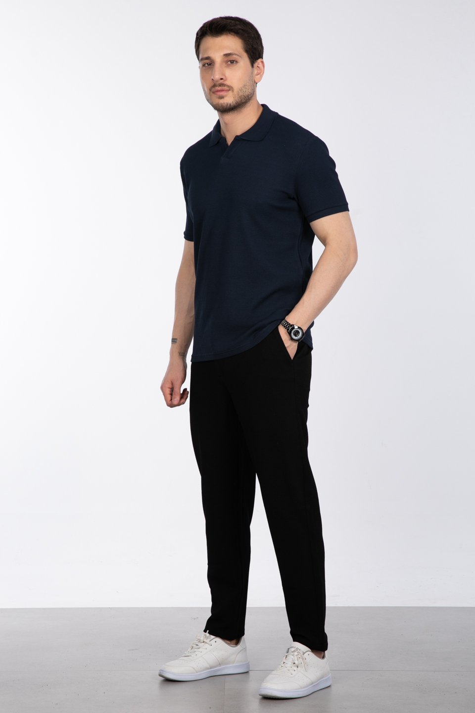 Waffle yakalı t-shirt-2645 İndigo