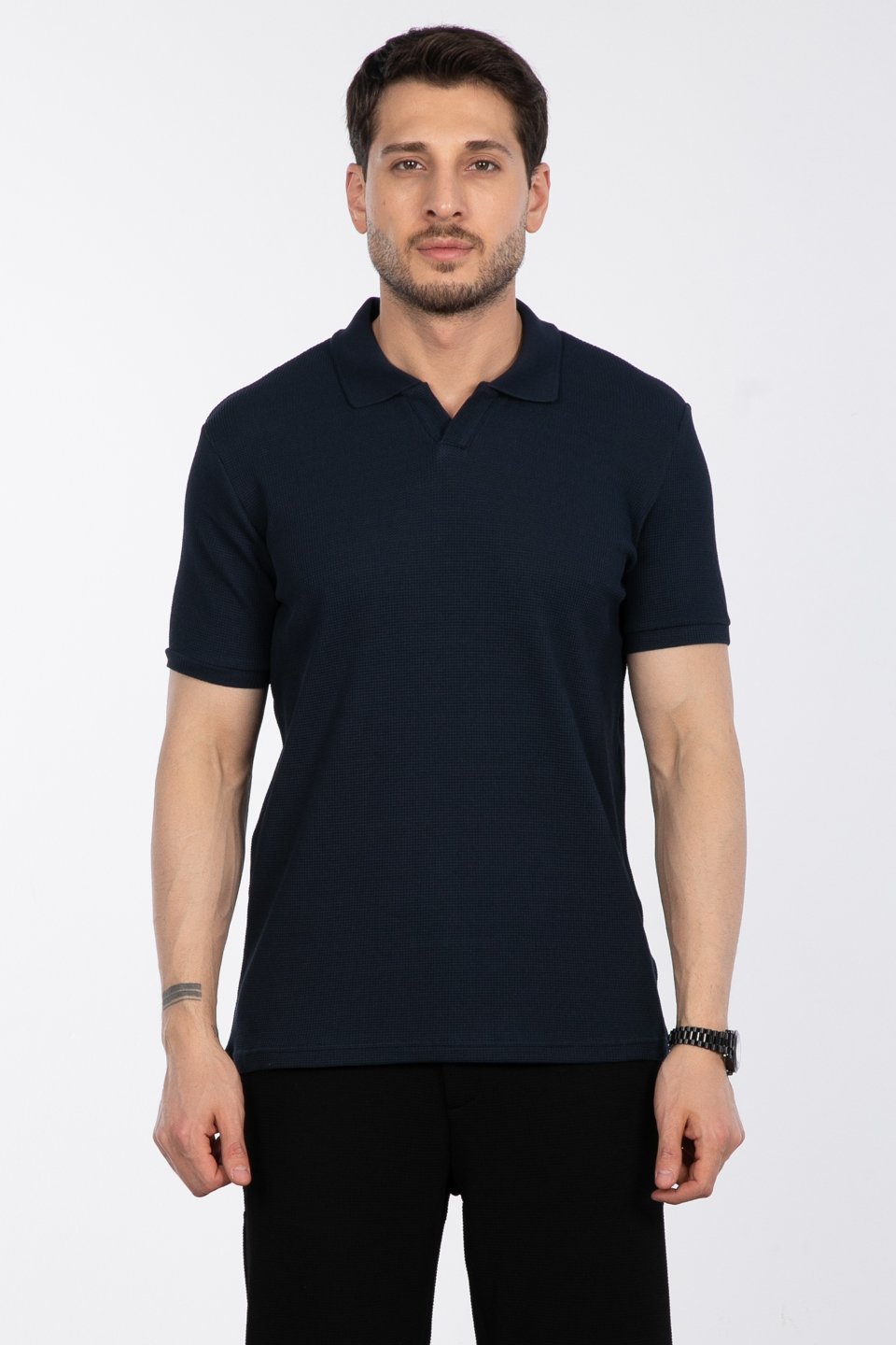 Waffle yakalı t-shirt-2645 İndigo