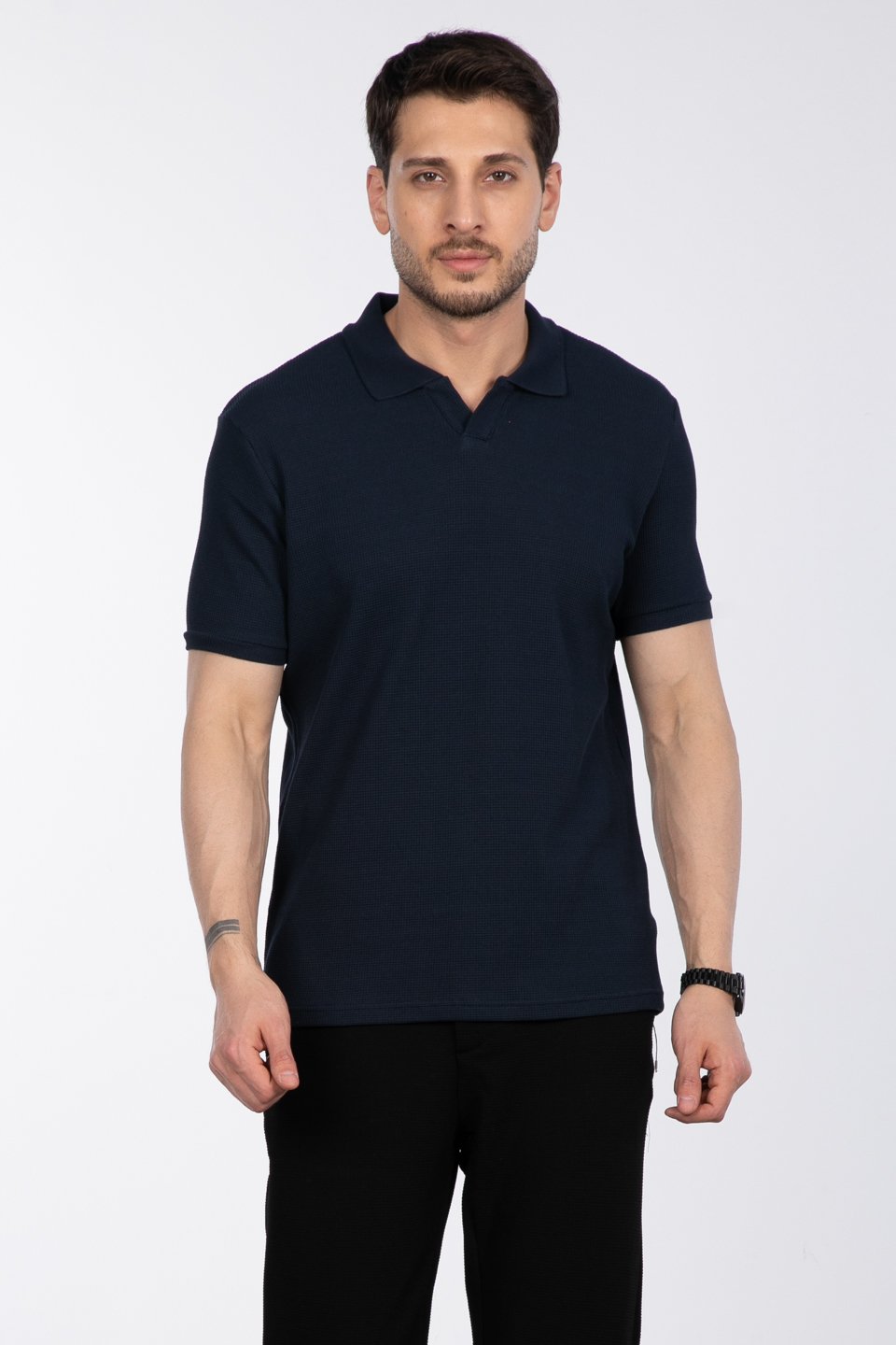 Waffle yakalı t-shirt-2645 İndigo